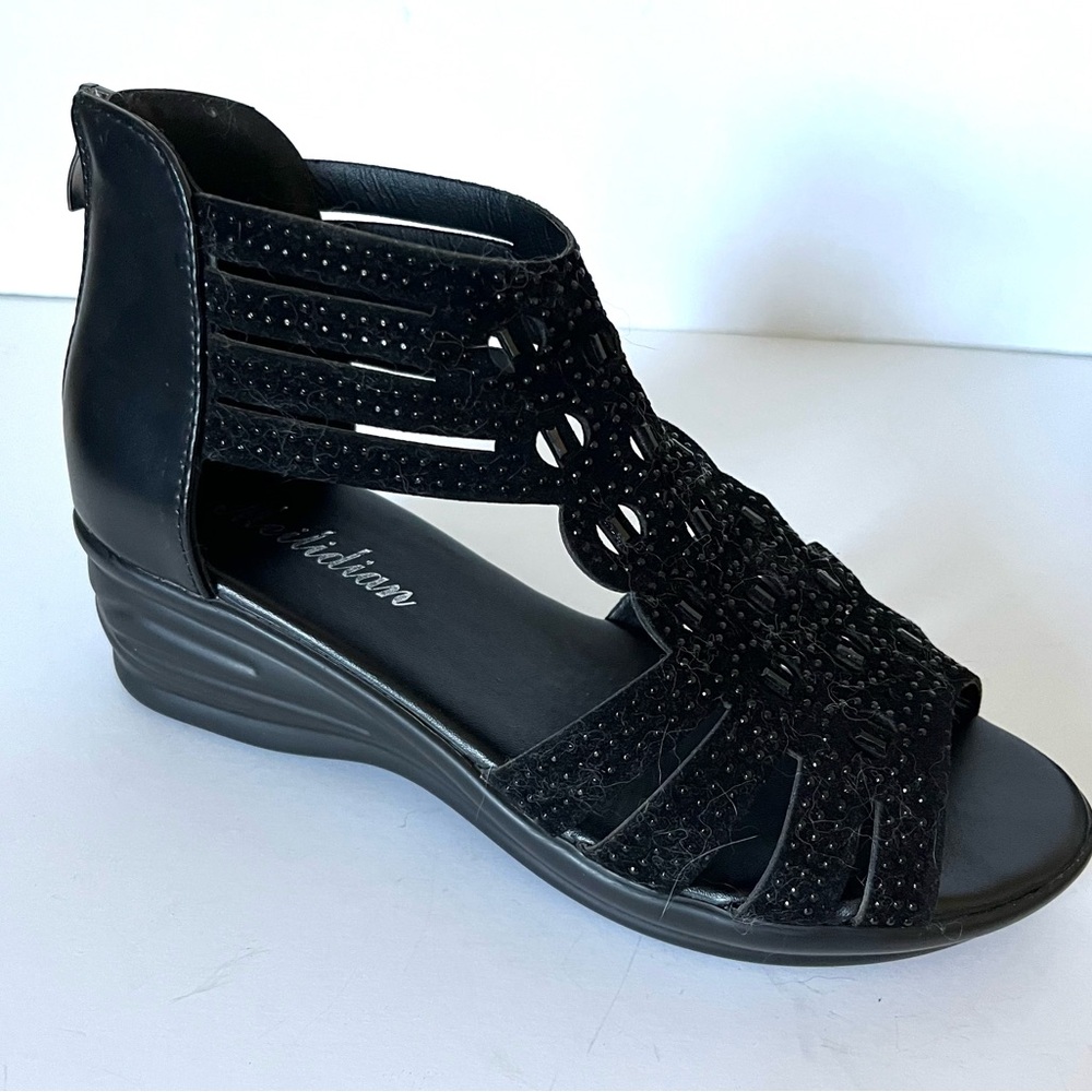 Black Laser Cut Platform Wedge Zipper Back Lightweight Sandals Boho Women Size 7 - Picture 2 of 7